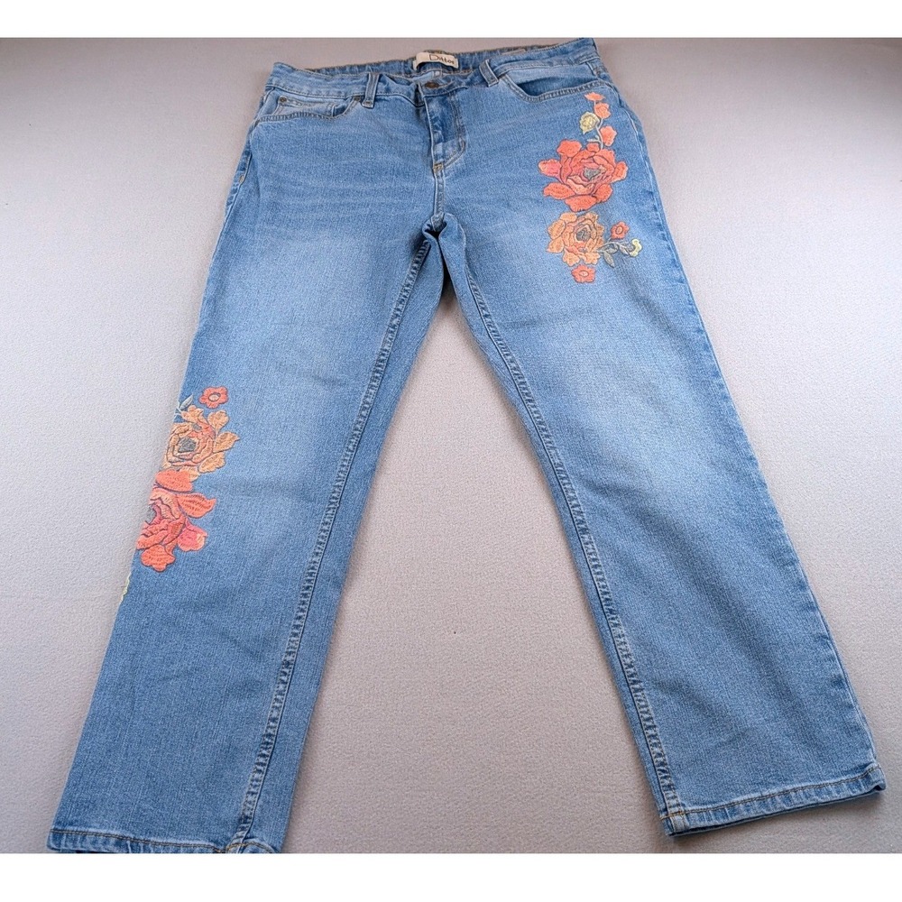 Dittos Womens Floral Embroidered Straight Leg Jeans Light Wash Blue Size 14